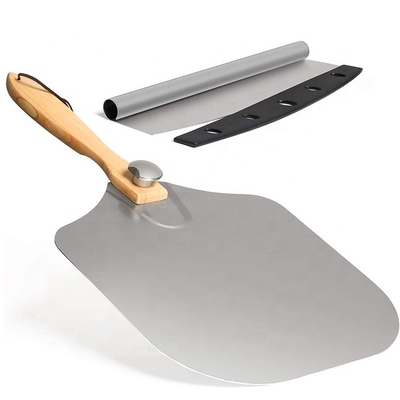 12*14 Inch Oven Square Pizza Kupas Gagang Kayu Aluminium Pizza Shovel Dengan 14 Inch Stainless Steel Cutter Set