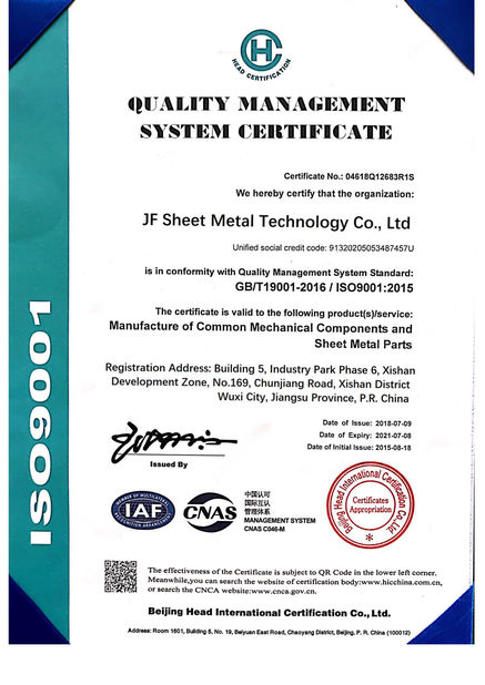 Cina JF Sheet Metal Technology Co.,Ltd Sertifikasi
